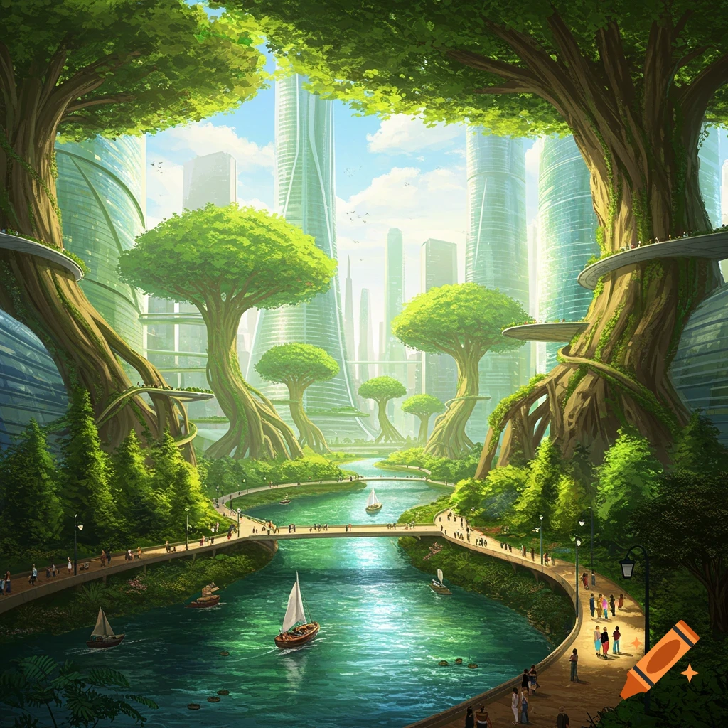 Vibrant utopian city with futuristic skyscrapers, giant trees, winding rivers with boats, and people strolling on paths.