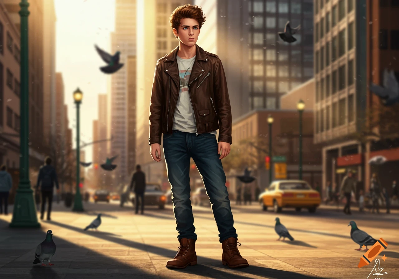 A teenage boy in a brown leather jacket stands on a sunny city street with pigeons and blurred buildings.
