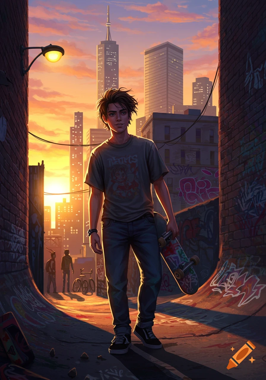 A teenage boy with messy hair, wearing a gray t-shirt and jeans, holds a skateboard in an urban alley at sunset. Graffiti covers the brick walls and skate ramp. City skyline in the background.