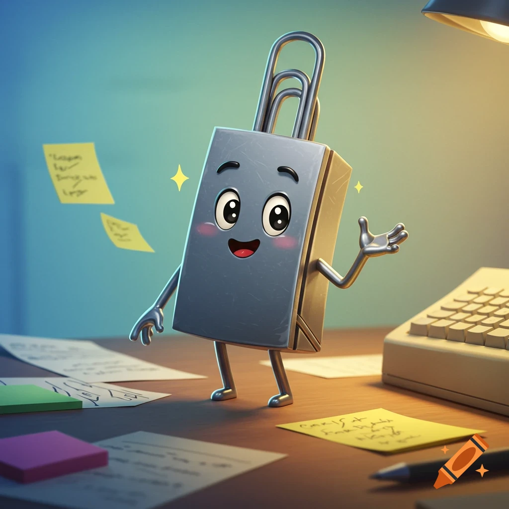 A cheerful cartoon paperclip character, Clippy, stands on a desk surrounded by notes and a keyboard.