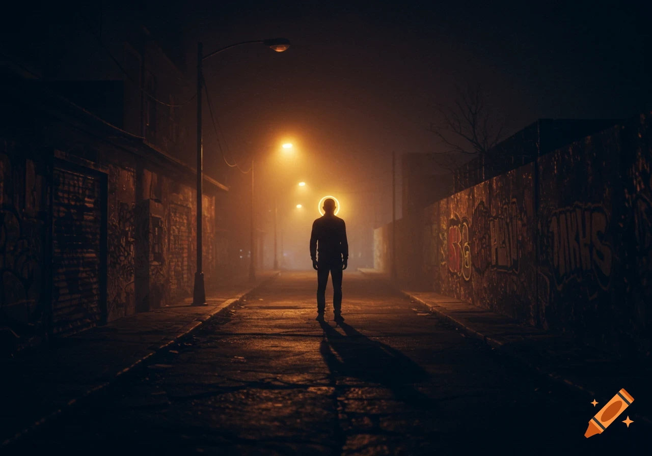 A silhouetted figure stands in a dark, foggy urban alleyway lit by streetlights, with graffiti-covered walls.