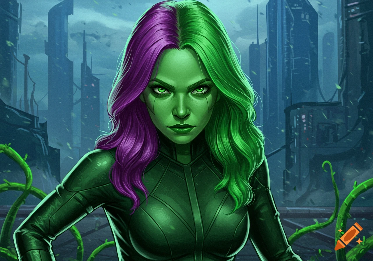 A woman with green skin and split purple and green hair, wearing a green armored suit, stands with a futuristic city background.