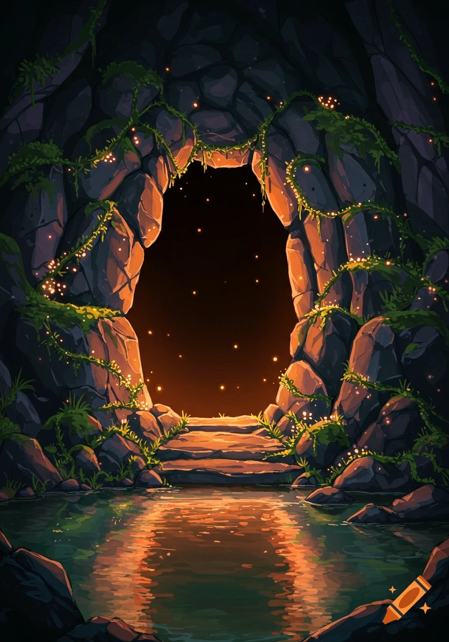 Anime-style illustration of a glowing cave entrance with green vines, sparkling lights, and a reflective pool of water.
