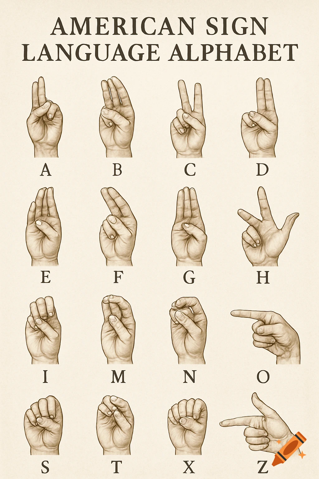 An antique-style chart showing various hand gestures for American Sign Language alphabet letters, from A to Z, excluding some.