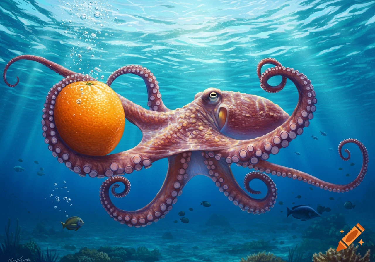 An orange octopus swimming underwater, holding a large orange in its tentacles, surrounded by small fish and coral.