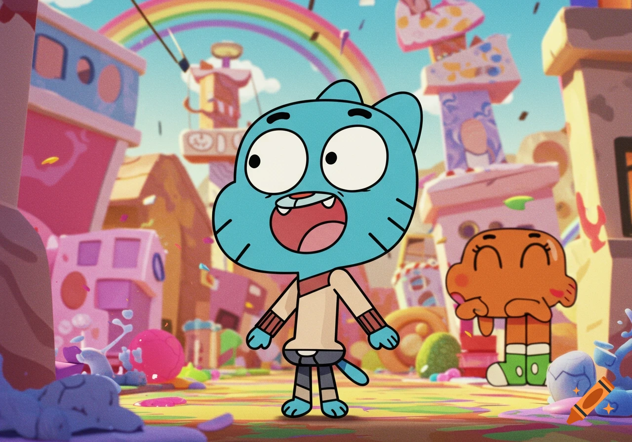 Gumball Watterson and Darwin from The Amazing World of Gumball in a colorful, whimsical town with a rainbow.