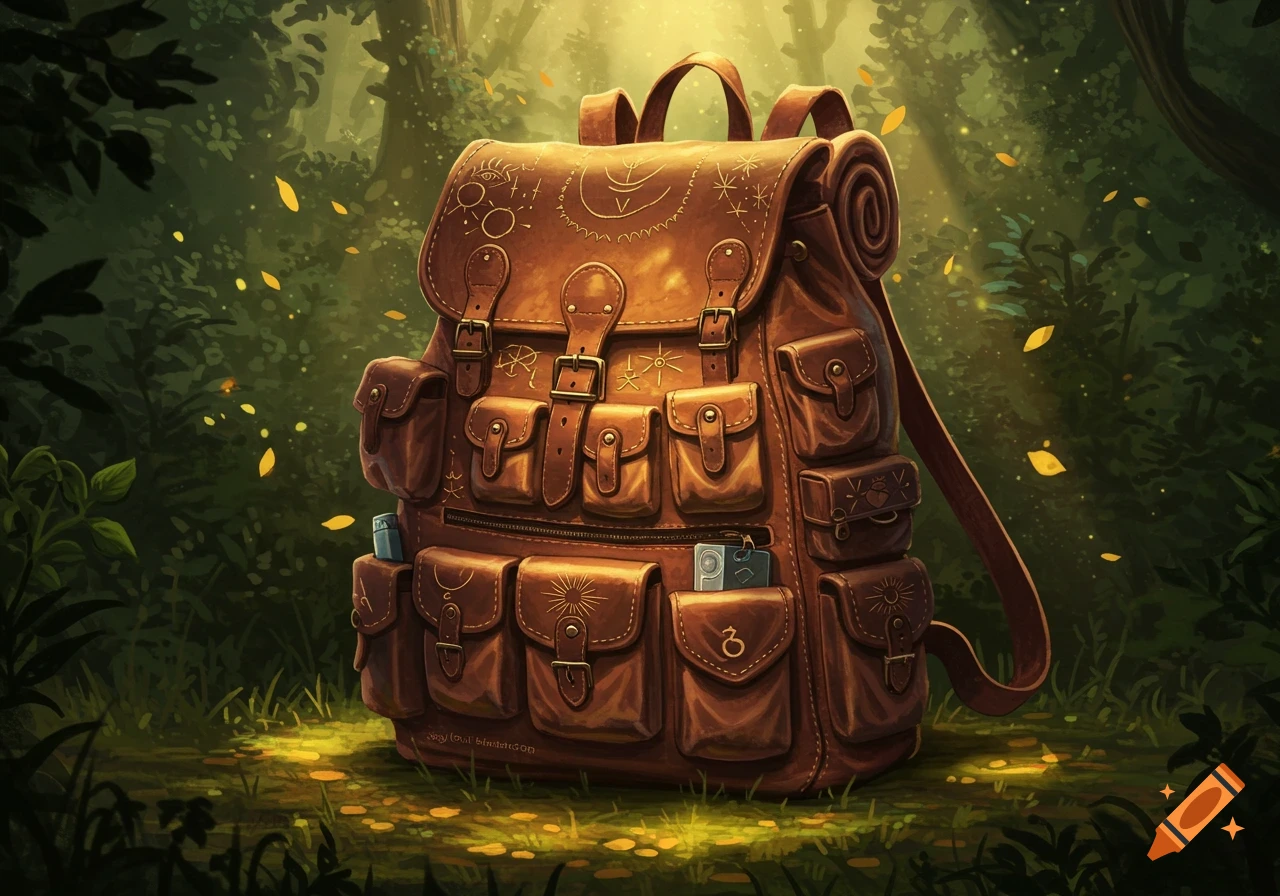 A detailed brown leather backpack with many pockets and etched symbols, resting on a mossy forest floor with sunlight dappling through trees.
