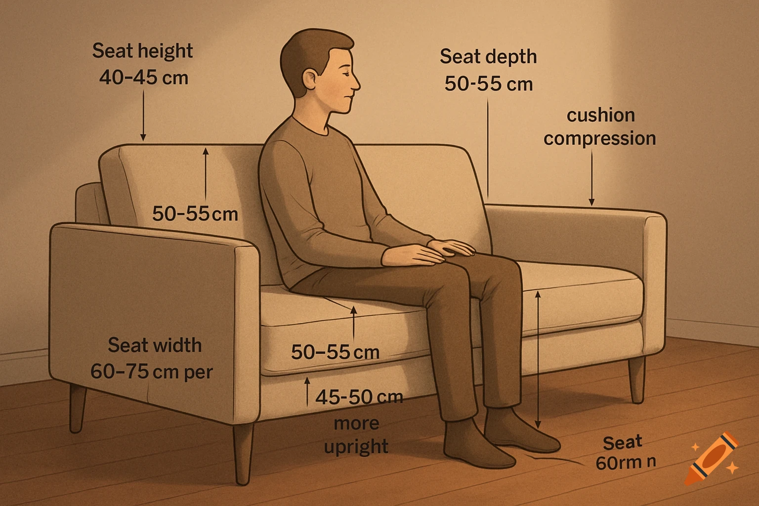 An illustration of a person sitting on a sofa with various dimensions and features annotated, such as seat height, depth, and width.