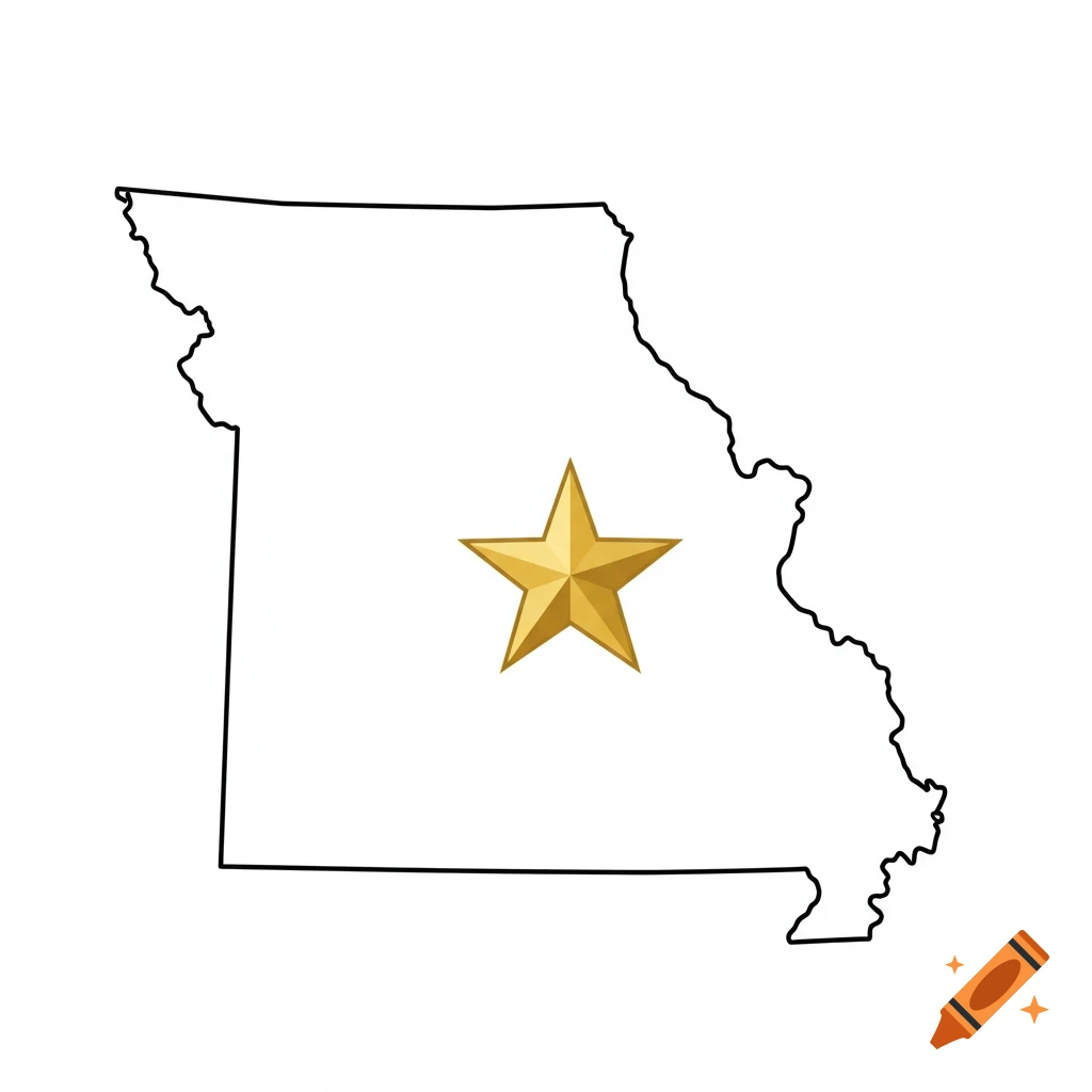 A black outline map of Missouri with a golden star positioned in the center.