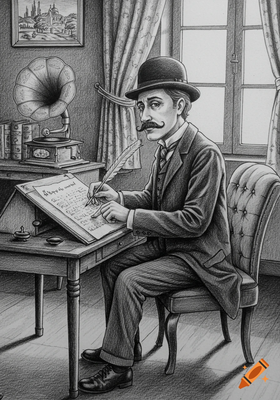 A detailed pencil drawing of a man in a bowler hat and suit writing with a quill pen at a desk with a gramophone.