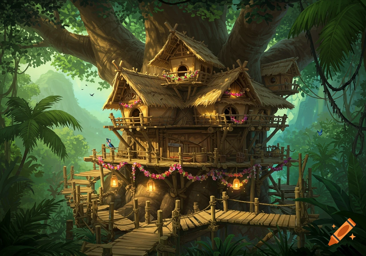 A vibrant, detailed treehouse in a lush jungle, with wooden bridges and colorful garlands, in a Disney animation style.