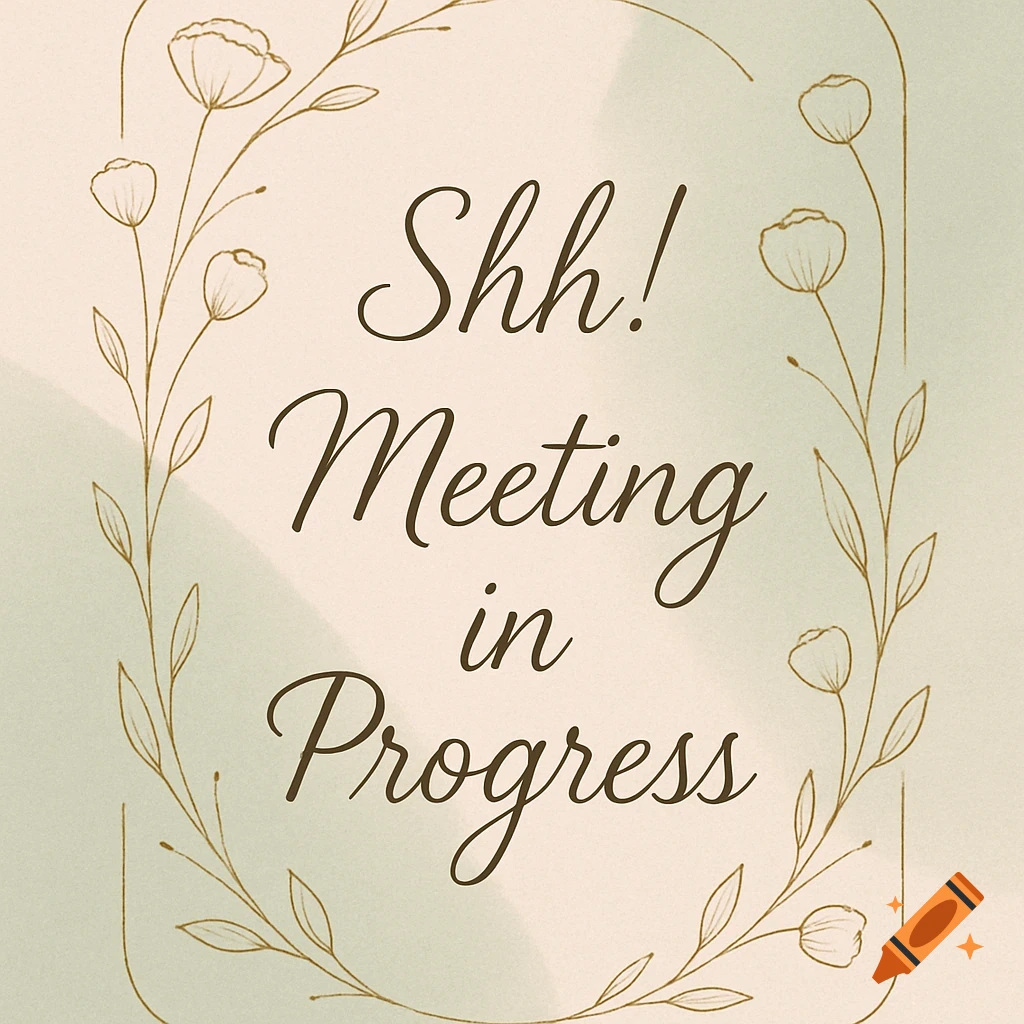 A cream-colored sign with a delicate brown floral border around the text "Shh! Meeting in Progress" in a script font.