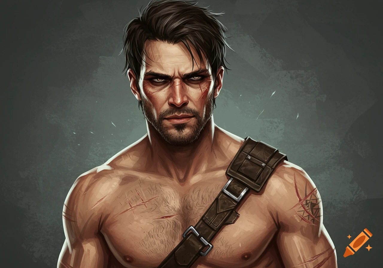 A rugged, scarred man with dark hair and a beard, wearing a leather strap across his chest, stares intensely.