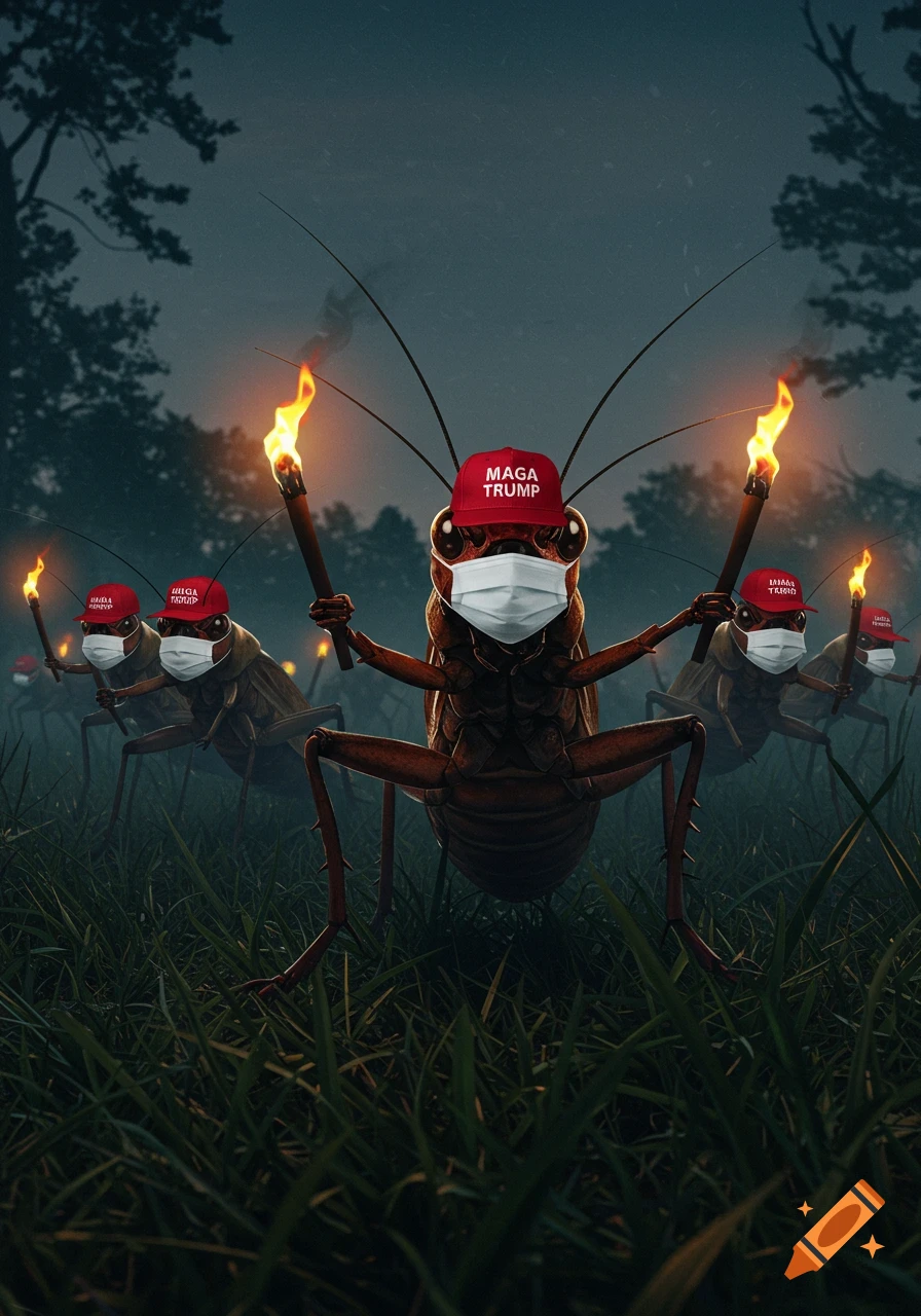 A group of large, realistic crickets wearing red MAGA hats and white face masks, holding flaming torches, stand in tall grass under a dark, stormy sky.