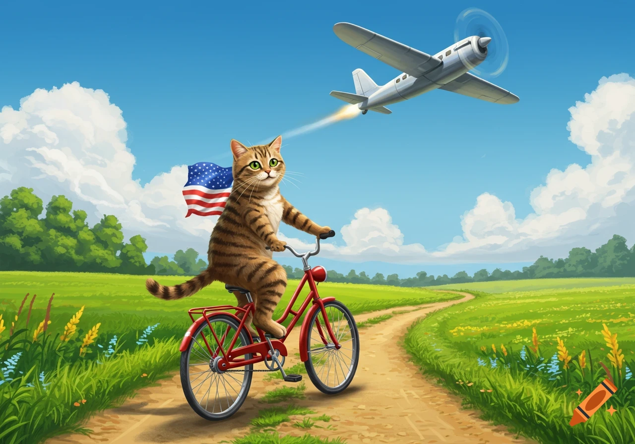 A cartoon tabby cat rides a red bicycle with an American flag on its back, on a dirt road through green fields, with an airplane flying overhead.