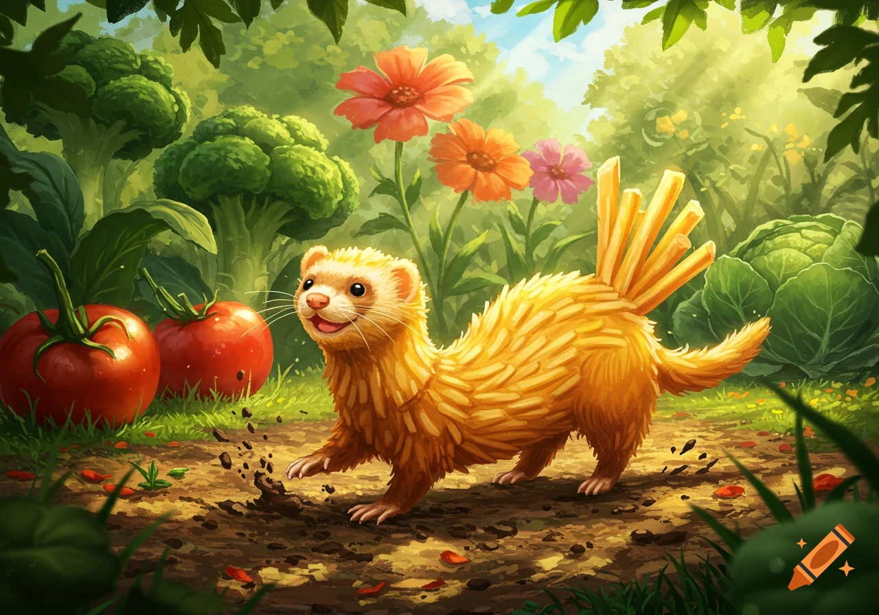 A whimsical illustration of a ferret with french fry fur walking in a vibrant garden with giant vegetables and colorful flowers.