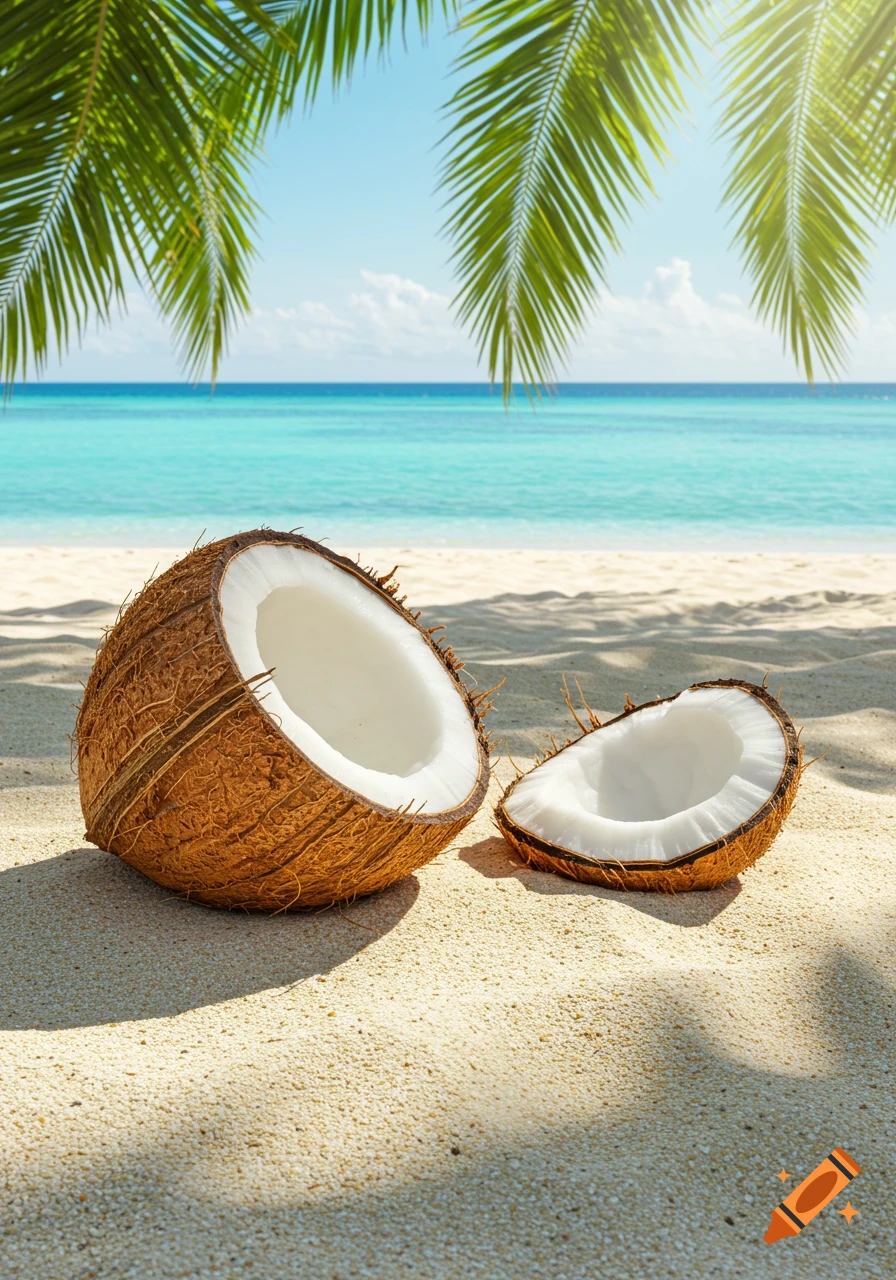 Two halves of a cracked coconut lie on a sandy beach with turquoise ocean and palm leaves overhead.