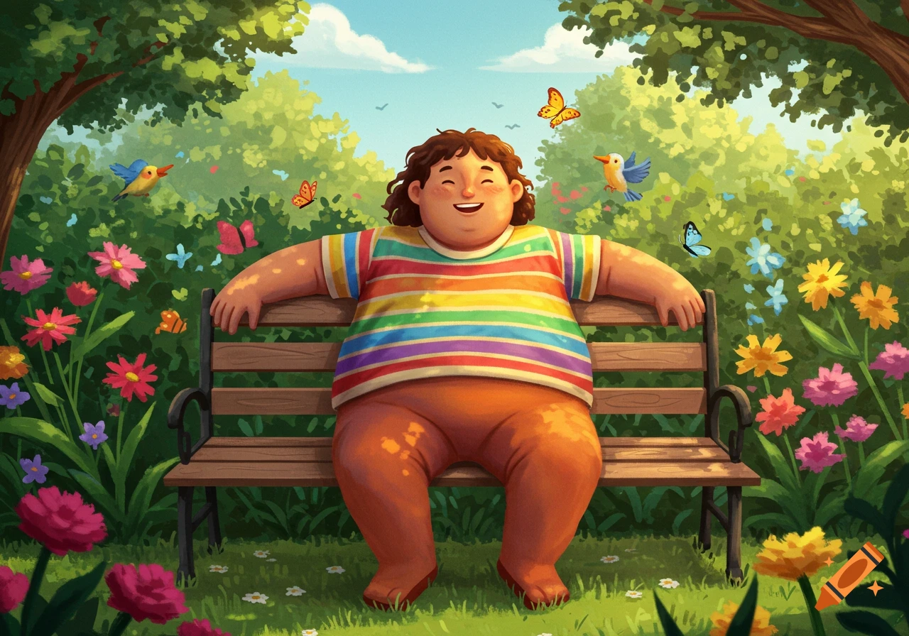 A cheerful person with curly hair and a rainbow-striped shirt sits on a park bench surrounded by colorful flowers, trees, birds, and butterflies in a bright, illustrative style.