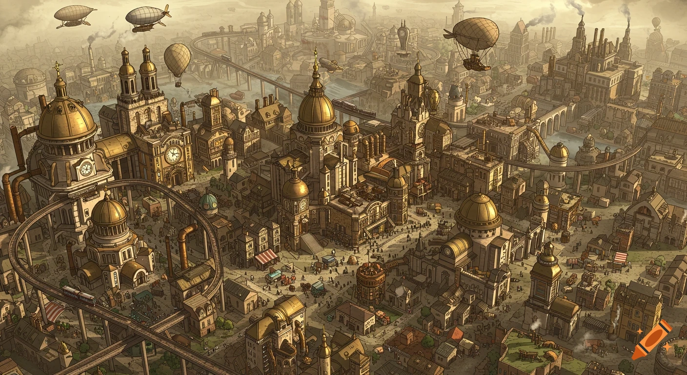 Steampunk City Wallpaper created on Craiyon, image size:1408x768