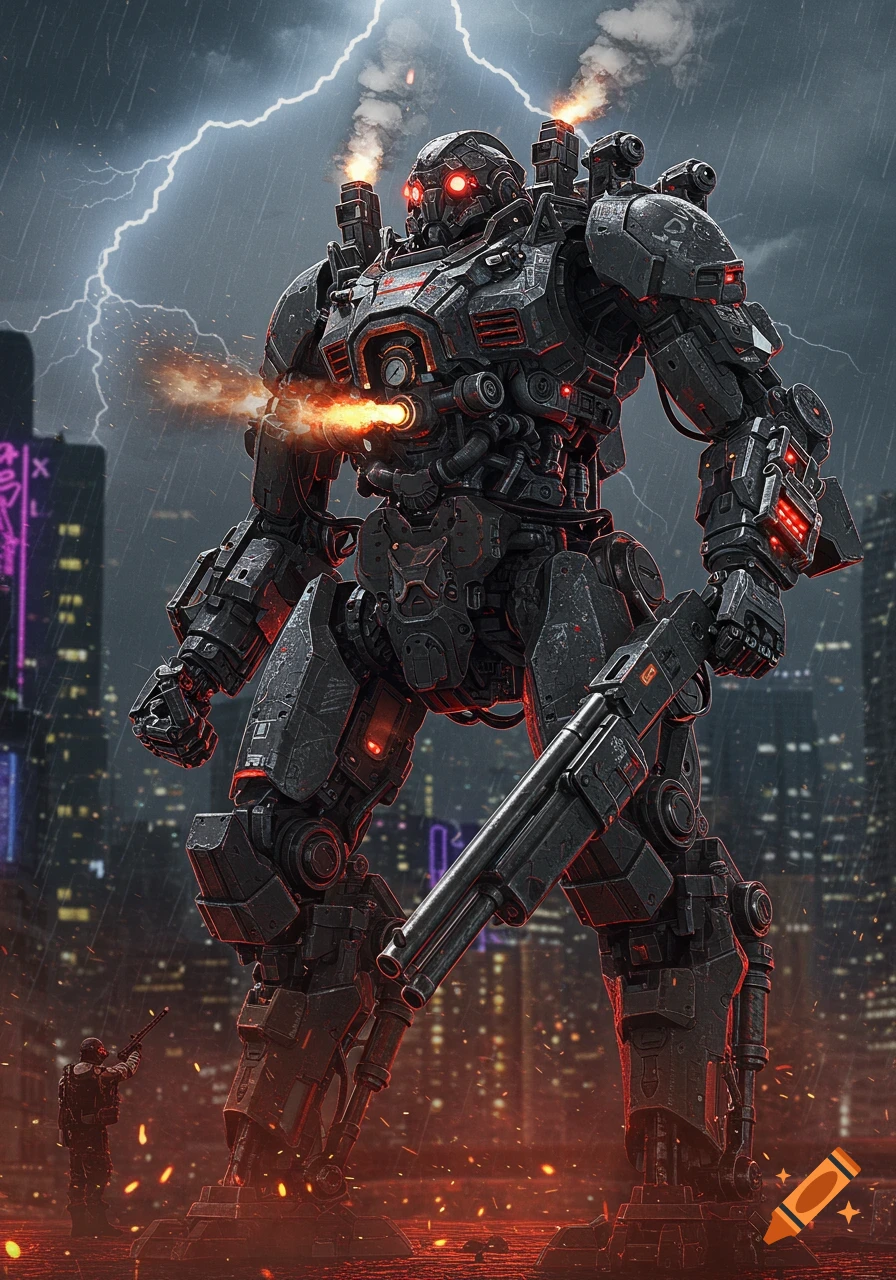 A large, menacing dark mecha with glowing red eyes and a shotgun arm fires in a rainy, lightning-filled cyberpunk city as a small soldier aims a rifle at it.