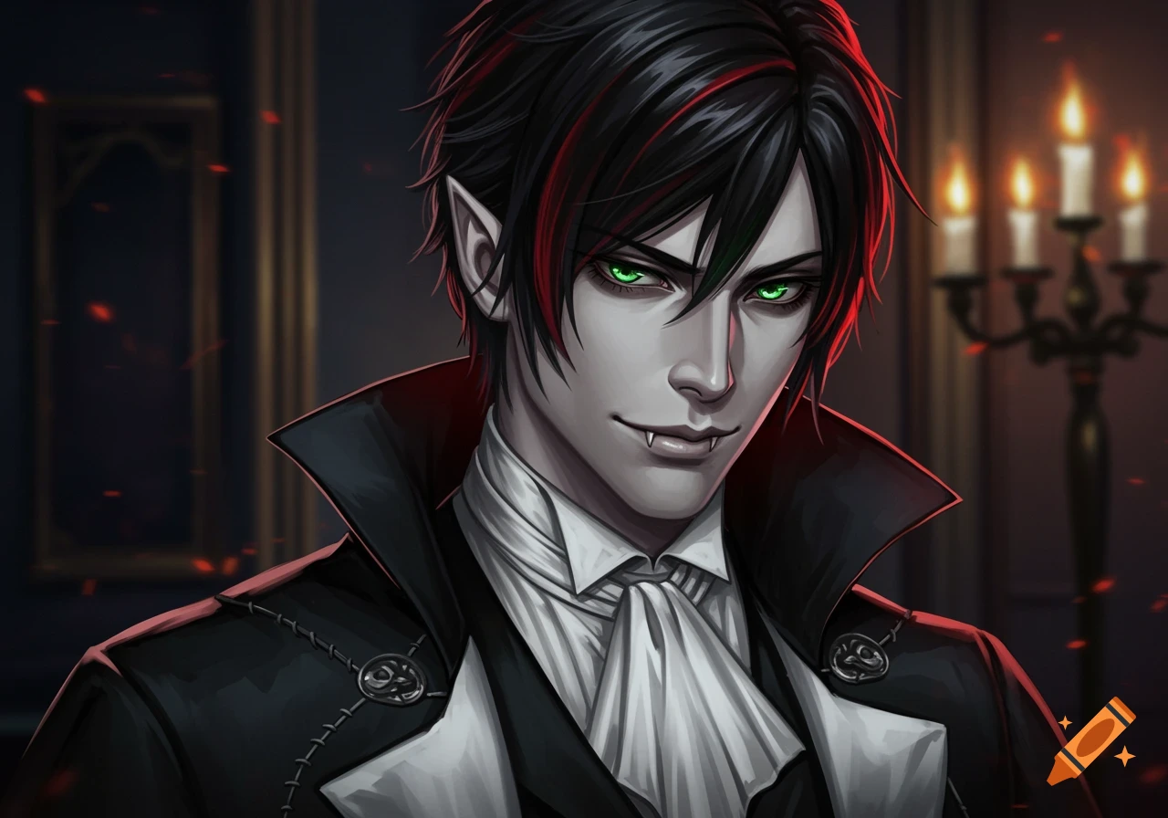 Anime style male vampire with black emo hair, red highlights, glowing green eyes, fangs, and a black and white butler outfit.