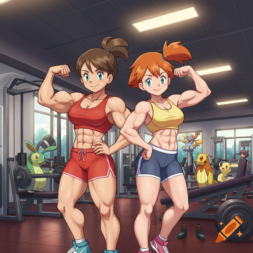 Anime depiction of Misty and May flexing their muscles in a gym with Pokémon watching.