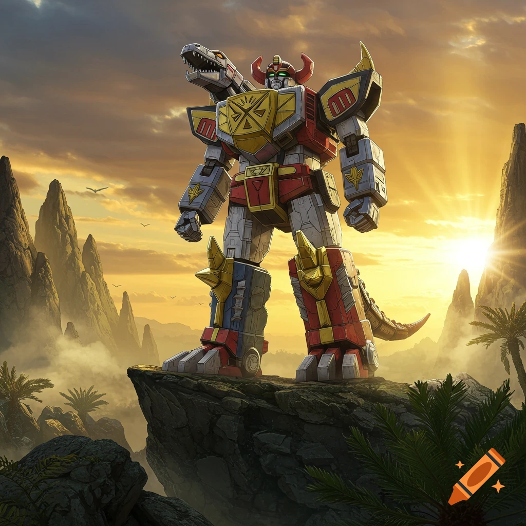 A large, colorful robot resembling the Dino Megazord stands on a rocky cliff at sunset, overlooking a vast, mountainous landscape.
