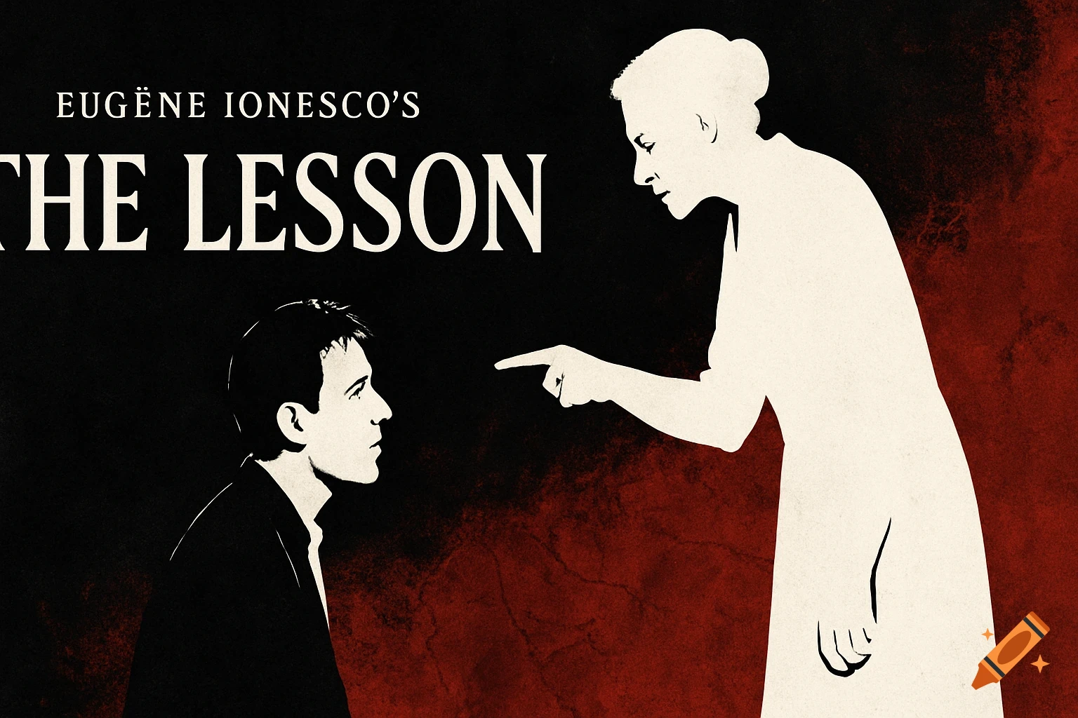 A black, red, and white graphic design banner for the play "The Lesson" by Eugène Ionesco, showing a white silhouette of a woman scolding a man.