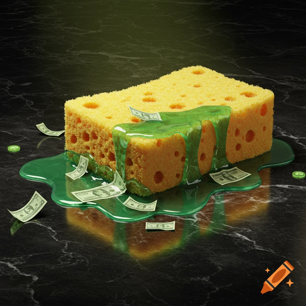 A yellow sponge soaks up a pool of glowing green liquid with money bills floating on and around it, all on a dark marble surface.