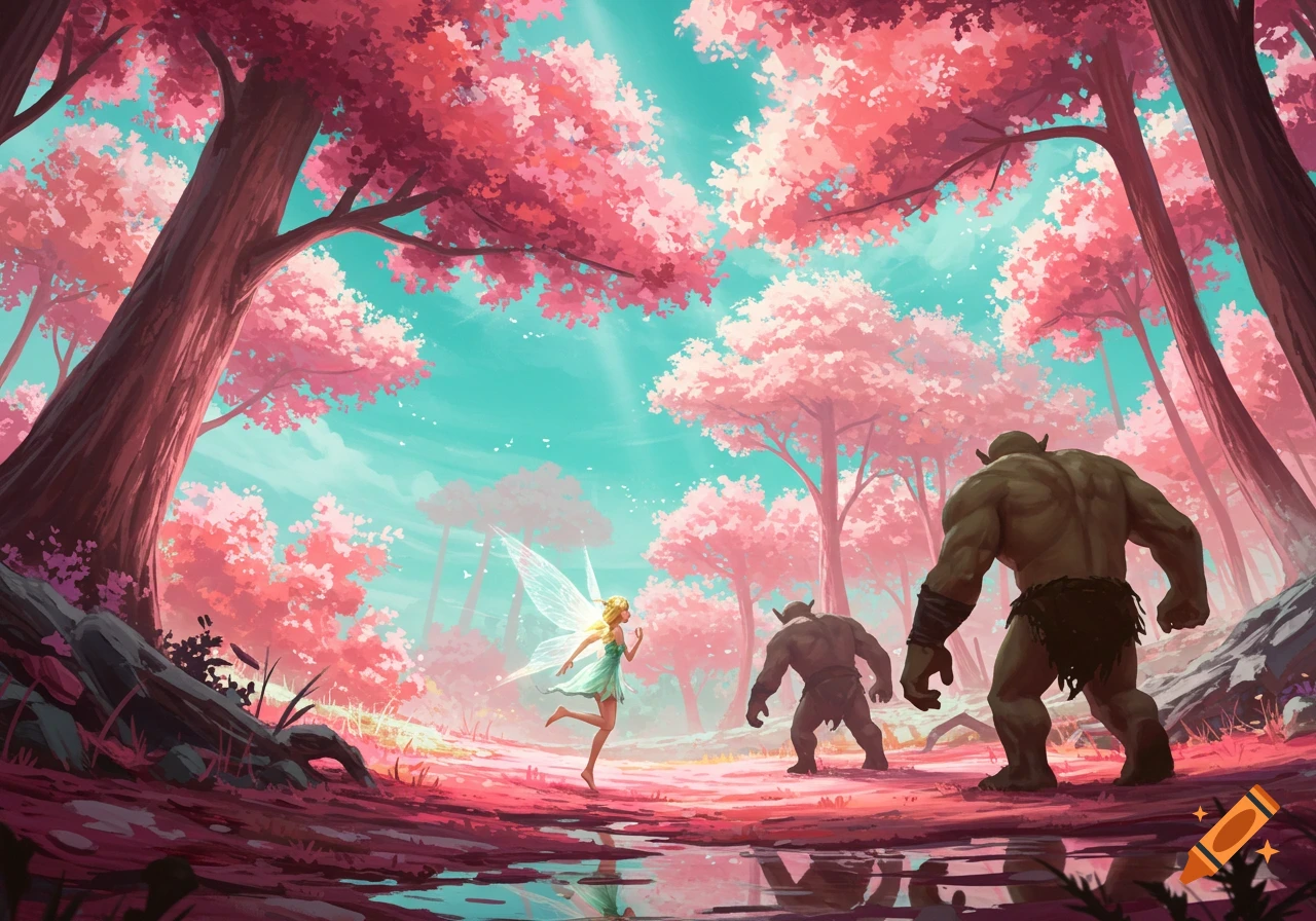 A blonde fairy flees two hulking ogres in a vibrant, pink-leafed forest under a bright blue-green sky, in an illustration.