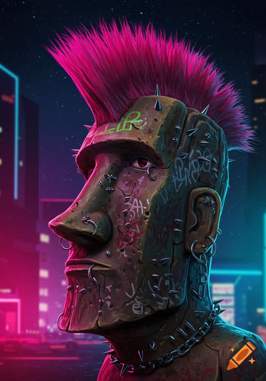 A punk rock style moai head statue with a pink mohawk, piercings, spikes, and graffiti, set against a neon-lit cyberpunk city at night.