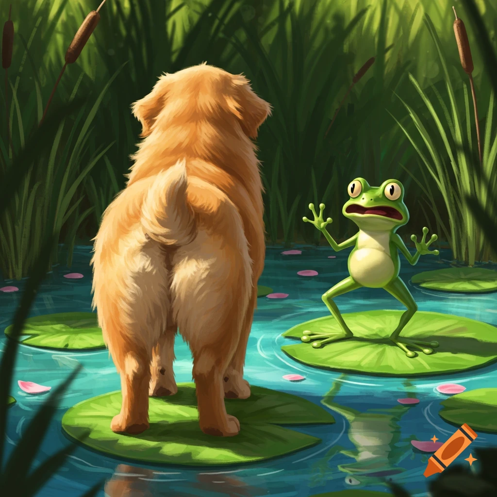 Humorous illustration of a golden retriever dog standing on a lily pad, facing away from a shocked frog.