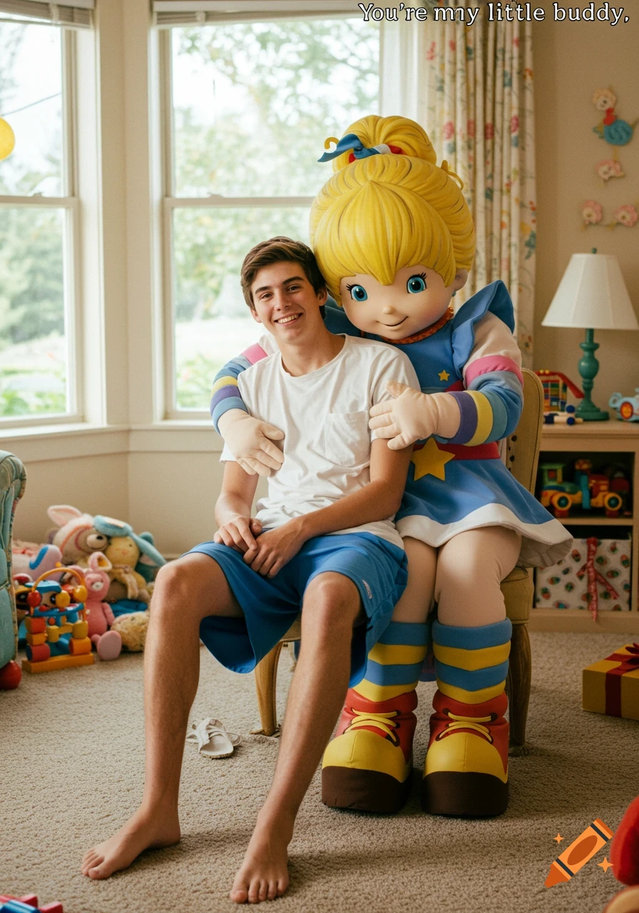 A teenage boy sits on the lap of a Rainbow Brite mascot, who embraces him in a bright, toy-filled room.