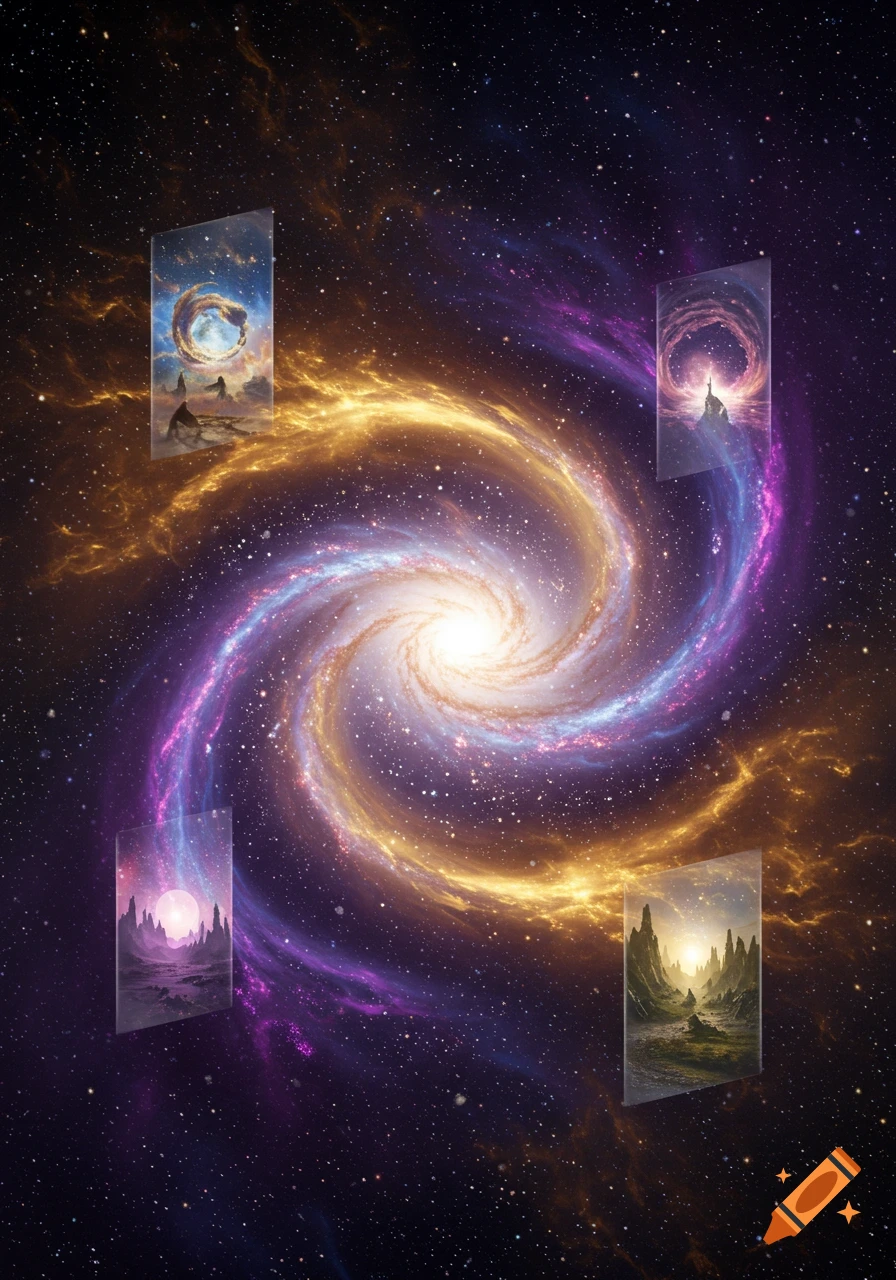 A vibrant spiral galaxy with gold and purple nebulae, featuring four rectangular portals displaying diverse fantasy landscapes in a cosmic setting.