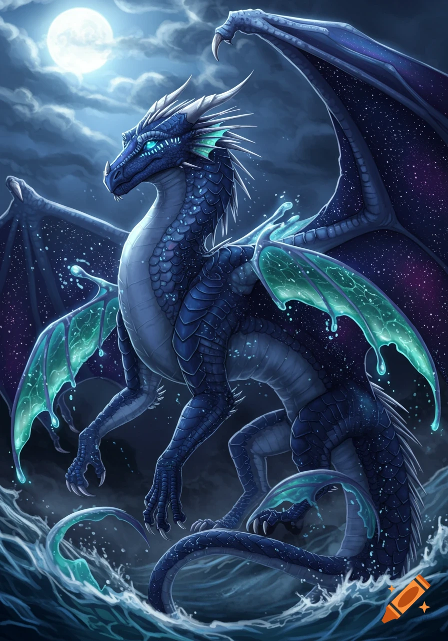 A majestic blue and purple dragon stands in ocean waves under a full moon and stormy night sky, detailed digital art.