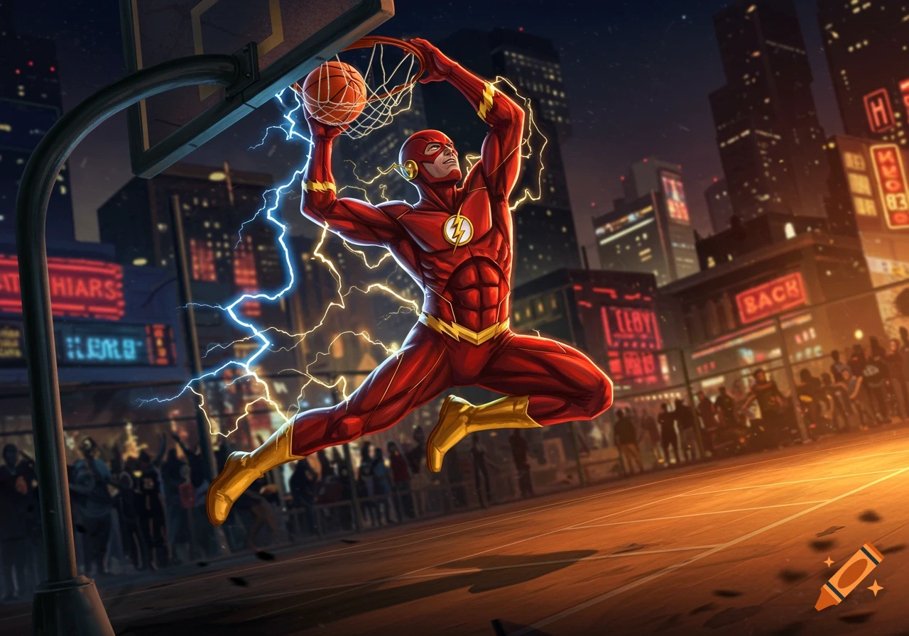 The Flash, a superhero in a red suit, dunks a glowing basketball, surrounded by electricity on an urban basketball court at night, with neon city buildings in the background.