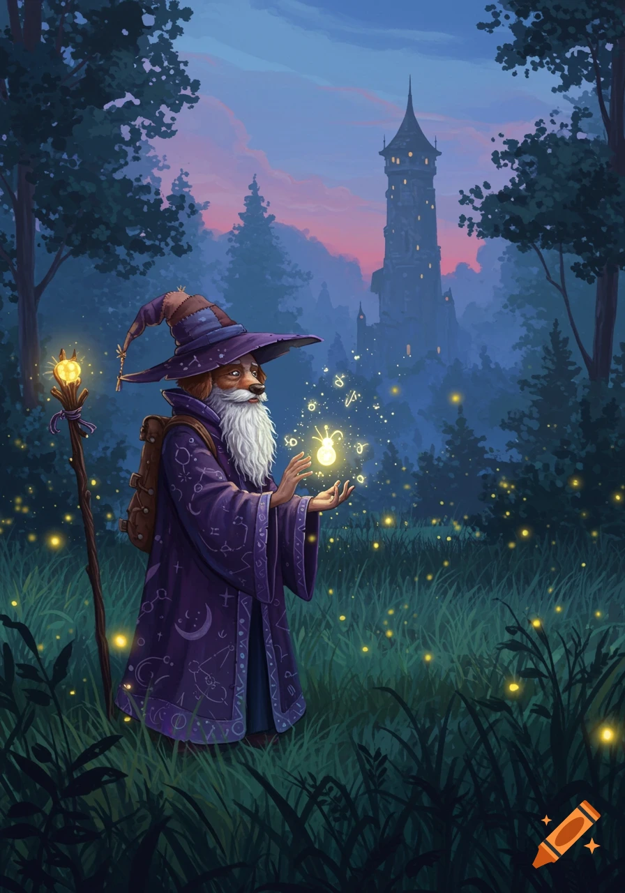An illustrated fantasy scene of a dog-like wizard holding glowing magic in an enchanted forest at dusk, with a tall tower in the background.