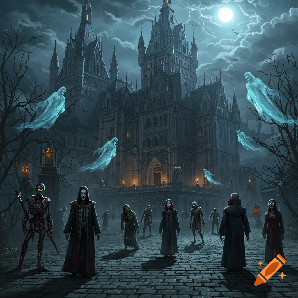 A dark gothic castle under a full moon with lightning, surrounded by spectral ghosts, skeletons, zombies, and vampires in the courtyard.