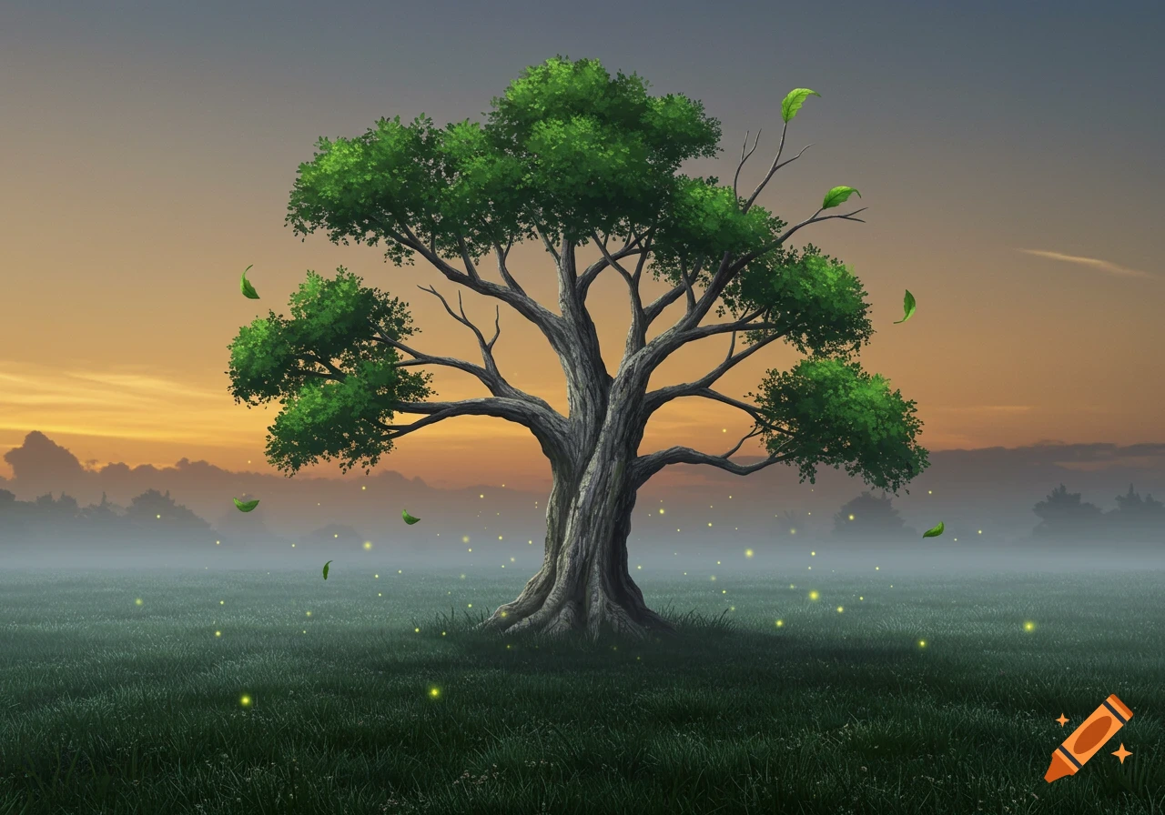 A vibrant green tree stands centrally in a misty, dark green field with glowing yellow fireflies. The sky transitions from orange at the horizon to blue-grey above, with a few leaves falling. Stylized art.