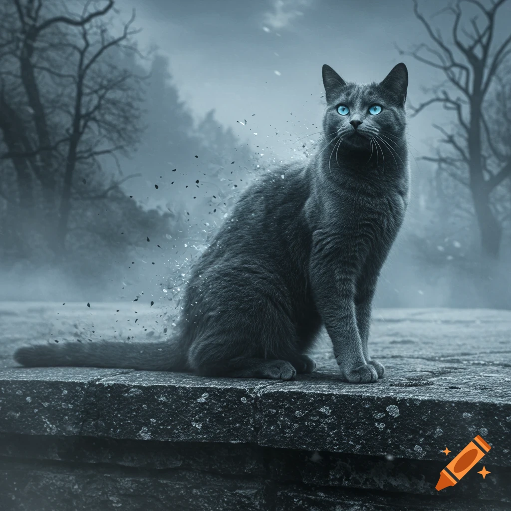 A dark grey cat with striking blue eyes sits on a stone wall in a misty, dark forest with bare trees and swirling particles.