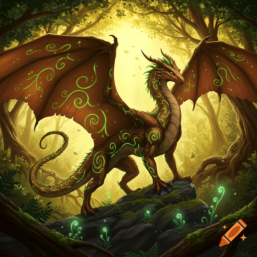 A majestic brown dragon with glowing green patterns stands on a rock in a sun-drenched, magical forest.