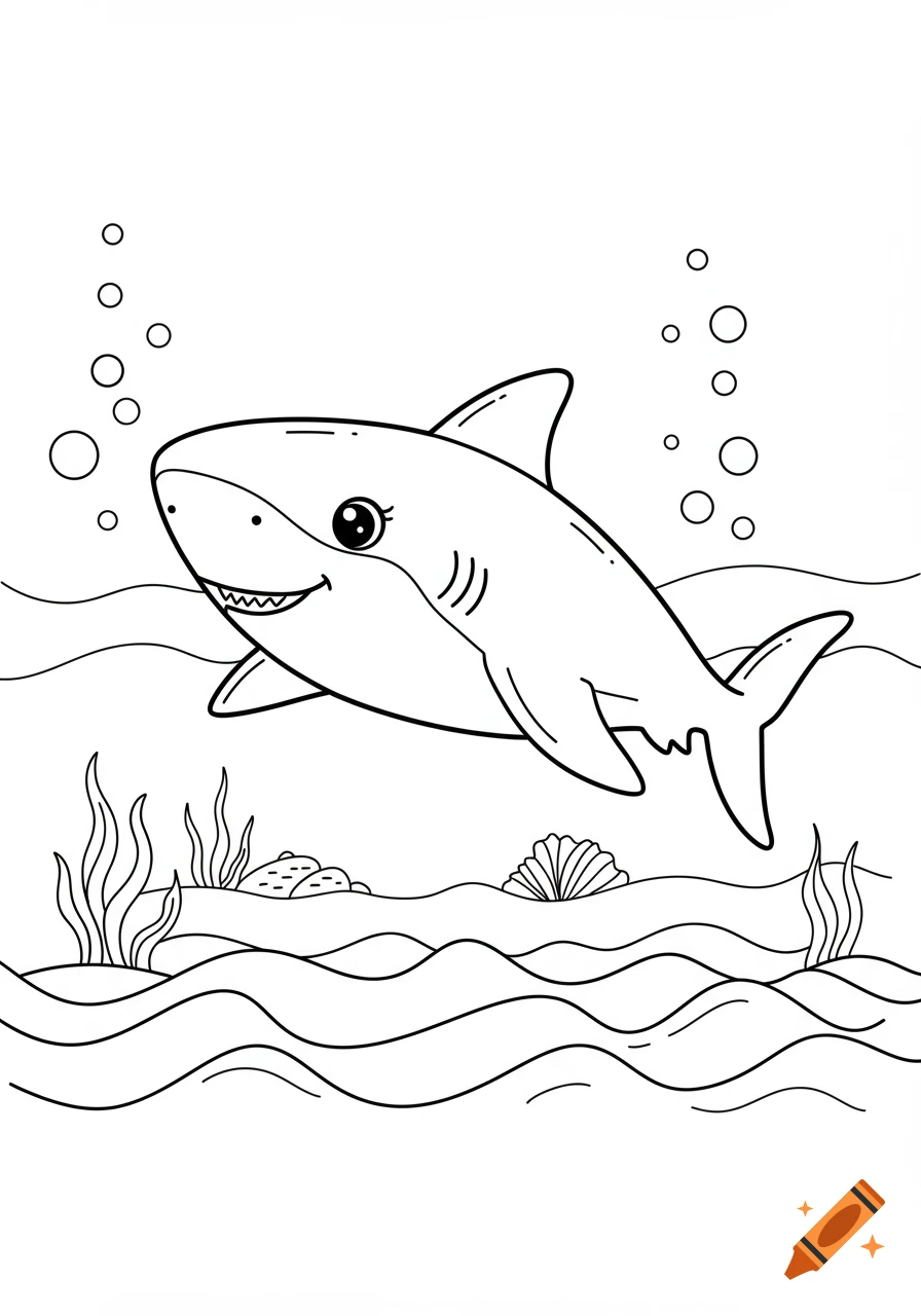 Cute cartoon line art drawing of a shark with bubbles swimming above ocean floor plants and a seashell.