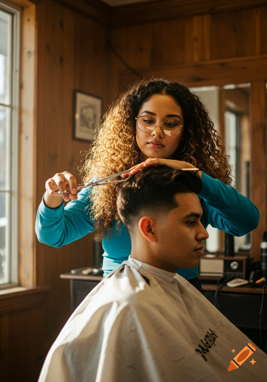 A woman with curly hair and glasses cuts a man's hair in a barbershop, photorealistic style.