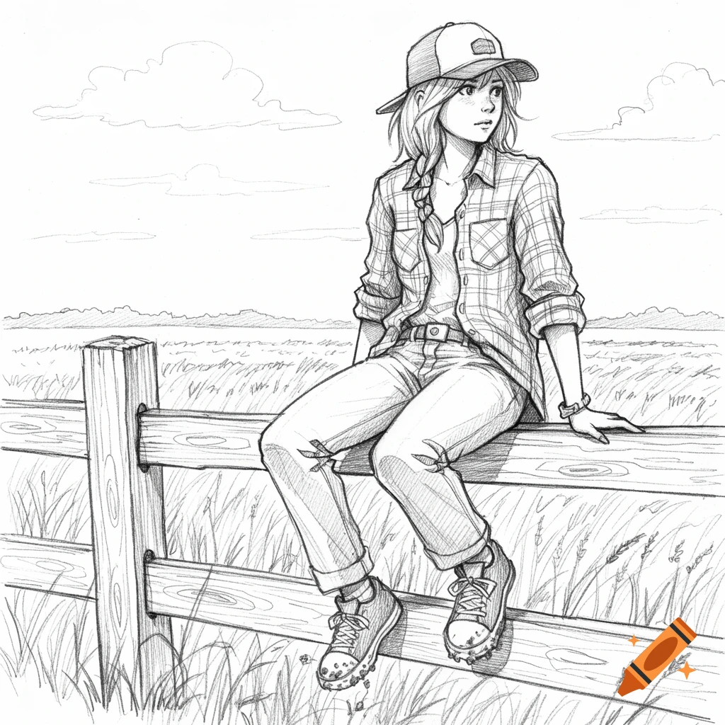 A black and white traditional sketch of a tomboyish girl sitting on a wooden fence in a field under a cloudy sky.