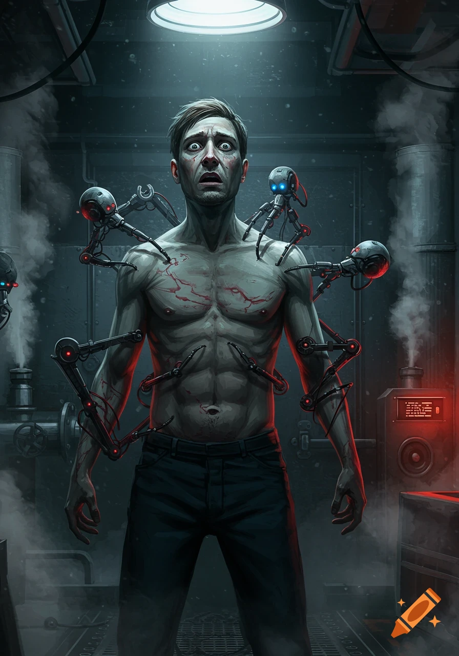 A terrified man stands shirtless, covered in small robotic parasites piercing his skin, in a dark, industrial sci-fi setting.