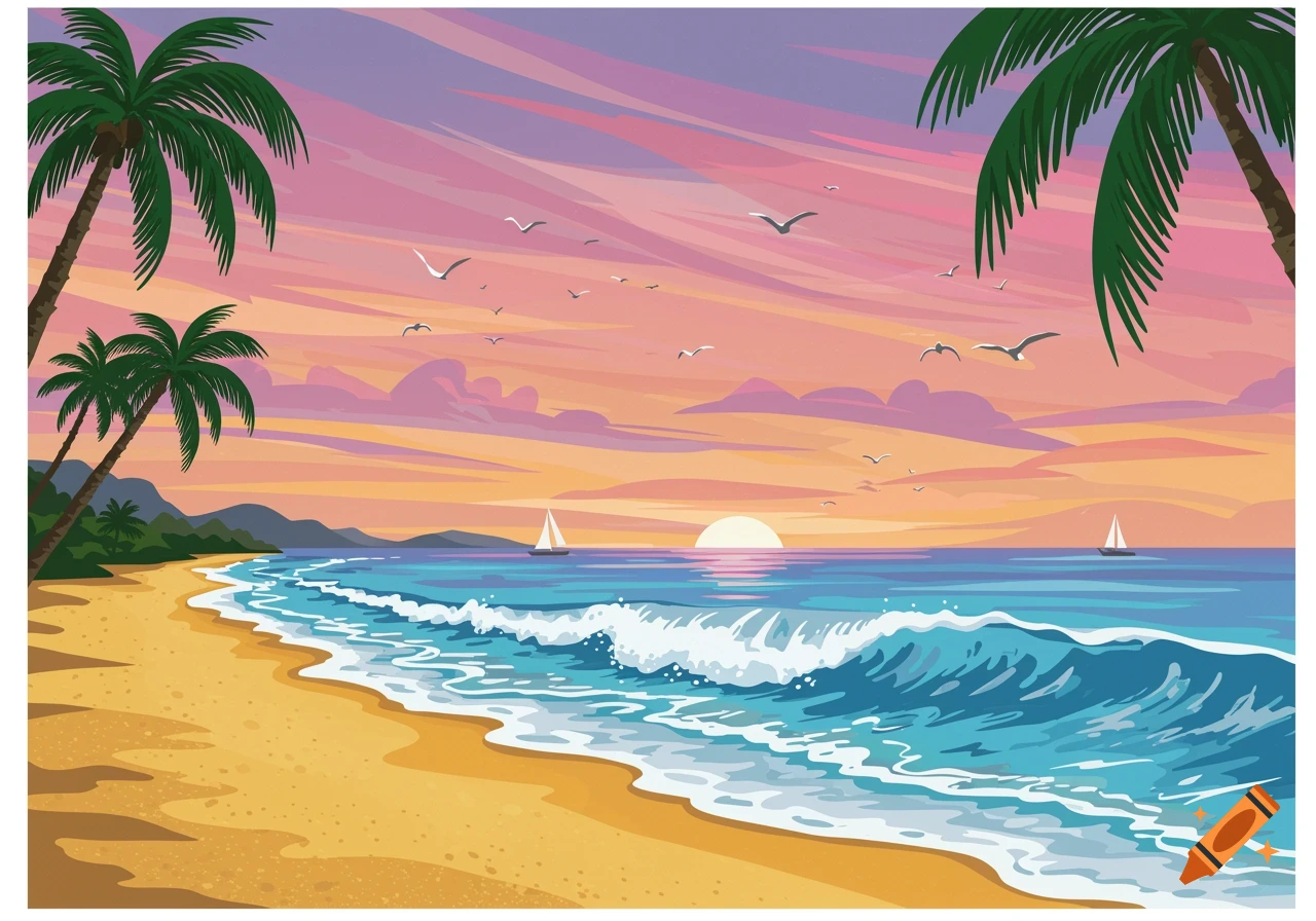 A colorful illustrated beach landscape at sunset with palm trees, ocean waves, seagulls, and two sailboats.