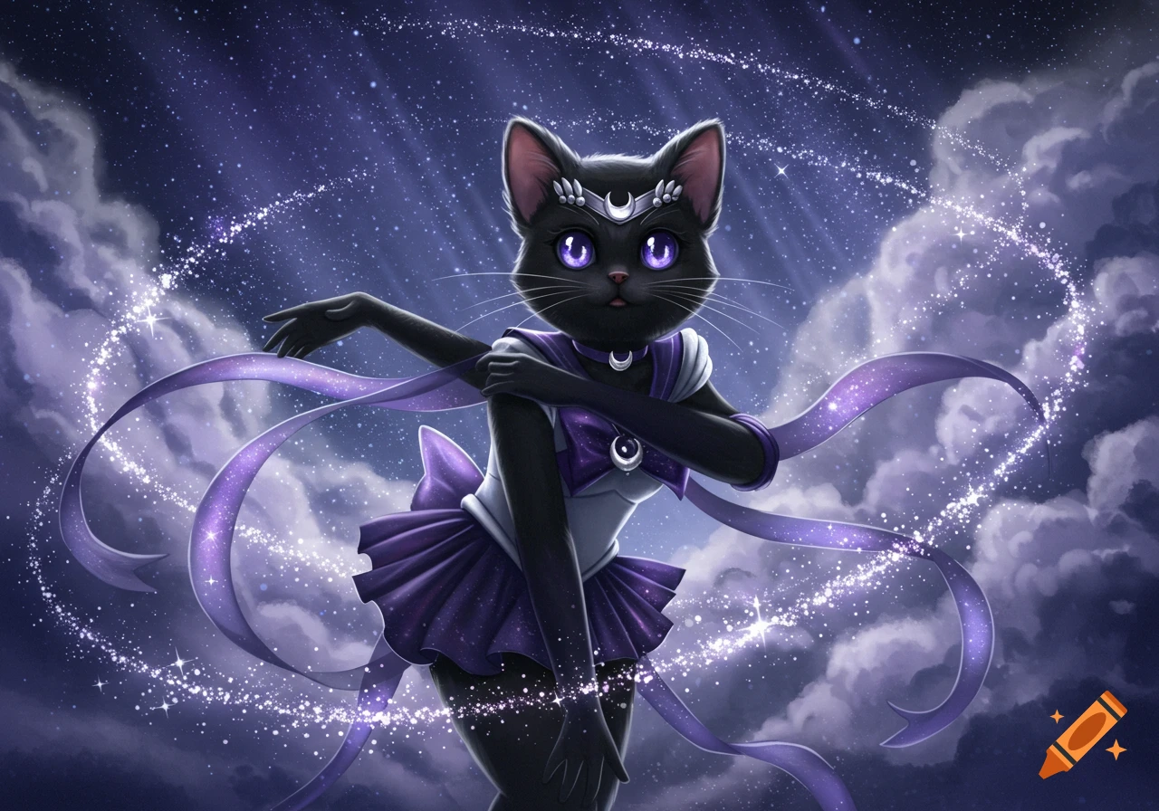 A black cat character dressed as Sailor Moon poses among purple ribbons and stars against a cloudy night sky.