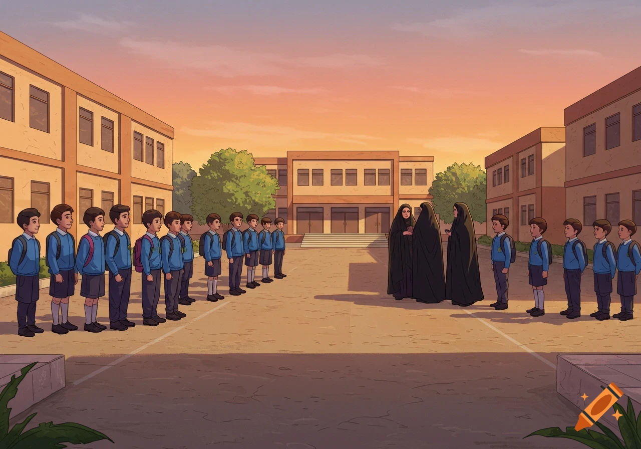Digital illustration of students in blue uniforms lined up in a schoolyard, watched by three teachers in black chadors, bathed in warm, golden light.