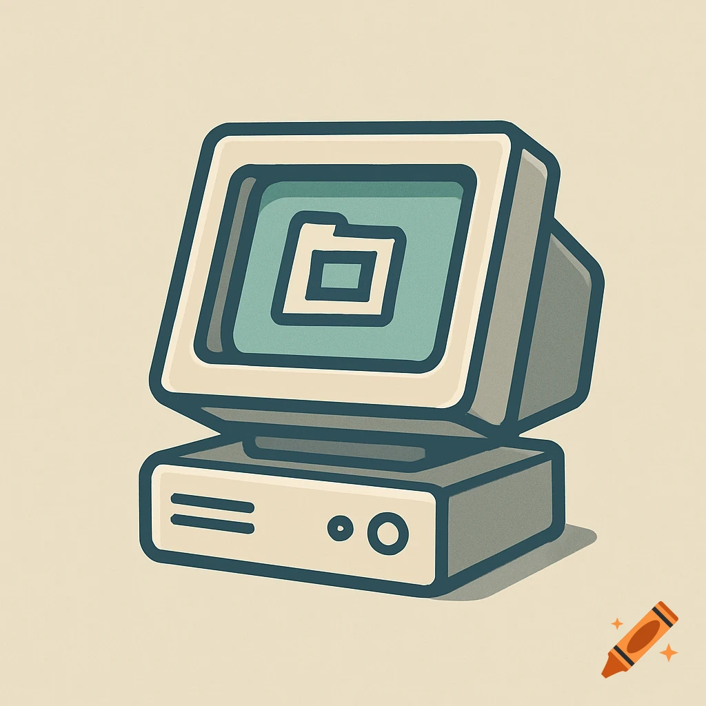 A stylized illustration of a 90s computer monitor and CPU with a folder icon on the screen.