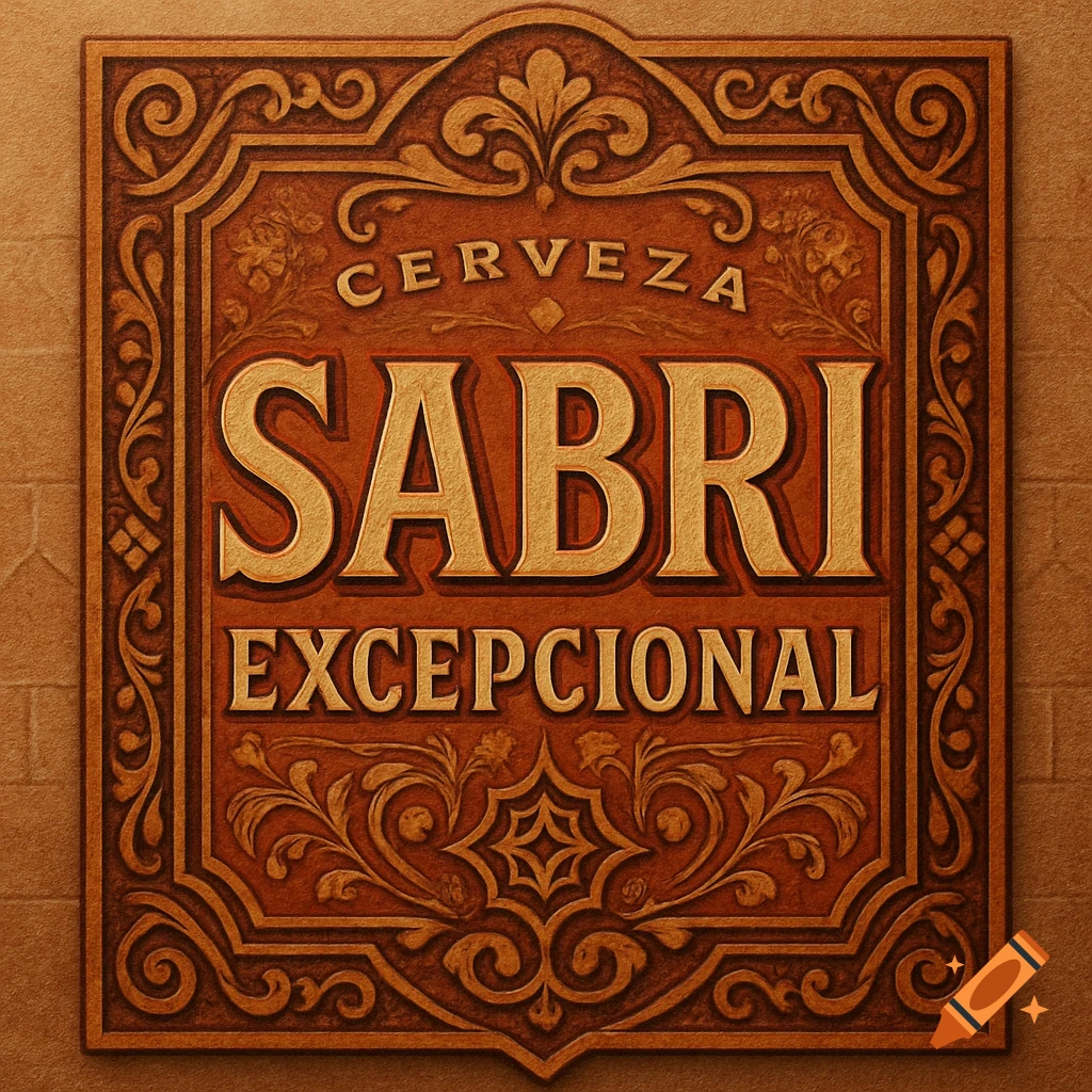 An ornate, rustic beer label with gold lettering on a brown background. The label reads 'CERVEZA SABRI EXCEPCIONAL' with decorative floral patterns.